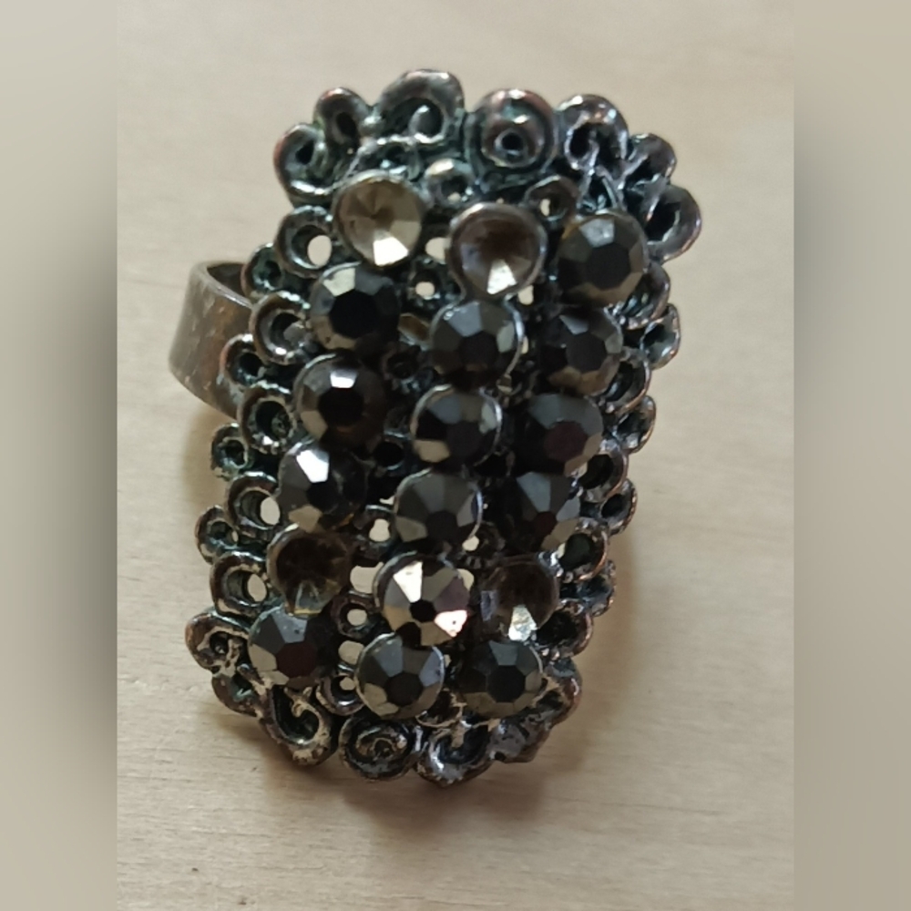 Gunmetal Crystal Cluster Statement Ring - Women Jewelry